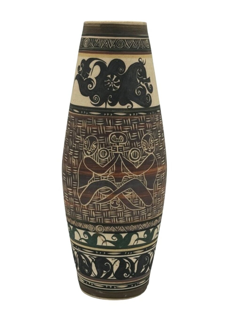 Vtg Earthenware Pottery Tribal Vase Handmade Painted Etched Brown Malaysia 15.5"